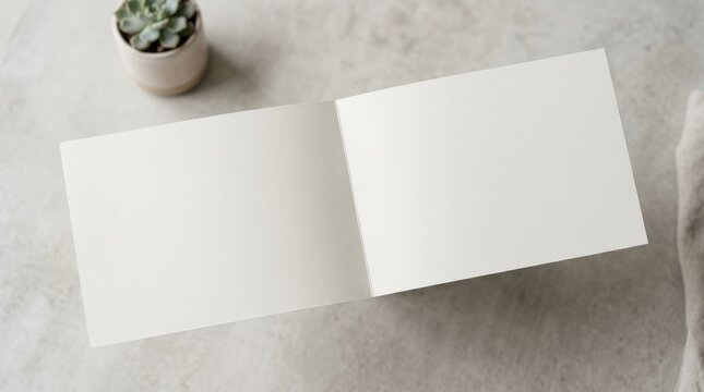 A landscape bi-fold flyer mockup with blank panels displayed open on a neutral background, crisp fold lines and minimal design, shot on Sony A7IV, 85mm lens, f/3.2, 8K\