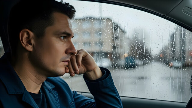 Man watching rain through car window during quiet urban pause, reflections on glass creating calm mood of travel and introspection at night. Concept of solitude, reflection, slow moments, emotional.