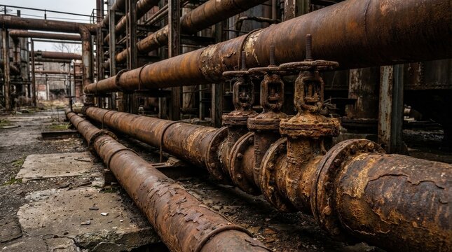 A derelict heavy-duty pipeline system slowly decaying in an abandoned industrial yard, massive corroded iron tubes stretching through a forsaken factory environment, structural fittings consumed by