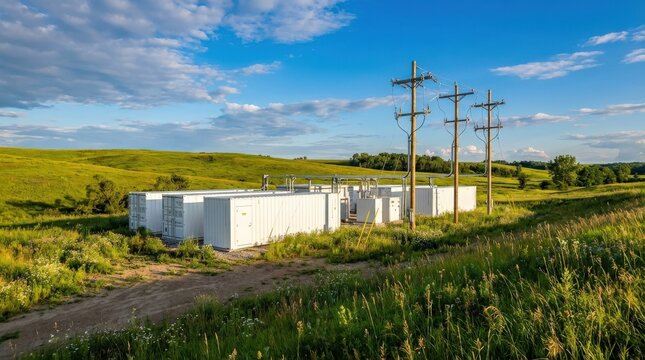 A Battery Energy Storage System standing harmoniously within a green natural setting, large-format industrial energy containers surrounded by open grassland and gentle rolling hills, high-voltage DC