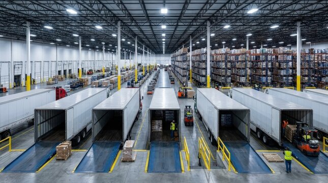 A modern logistics center loading bay at full operational capacity, multiple truck docking positions with raised dock plates and industrial access doors, the vast interior of a distribution warehouse