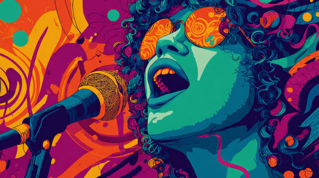Musician female singer 60s rock and roll girl band psychedelic trippy colorful rock and roll concert poster style illustration of a groovy woman singing into microphone music musical band, copy space