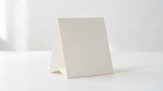 A table tent mockup with blank surface on white background, folded paper structure and soft shadows, shot on Sony A7IV, 85mm lens, f/3.2, 8K\