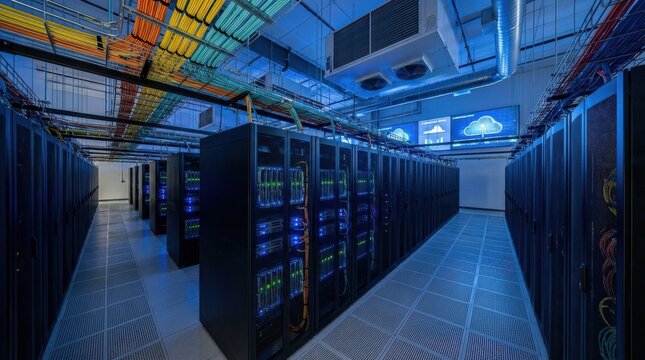 A professional enterprise data center with perfectly aligned server rack rows, network hardware and computing blades visible through mesh cabinet doors, structured cable management with color-coded