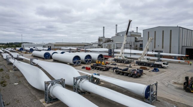 Massive high-output wind turbines arranged in a factory compound yard, enormous rotor blade assemblies and tower sections stored horizontally on specialized cradles, manufacturing facility structures