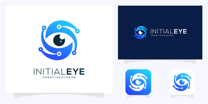 Letter S with Eye Tech logo design vector icon. Geometric abstract blue gradient color.