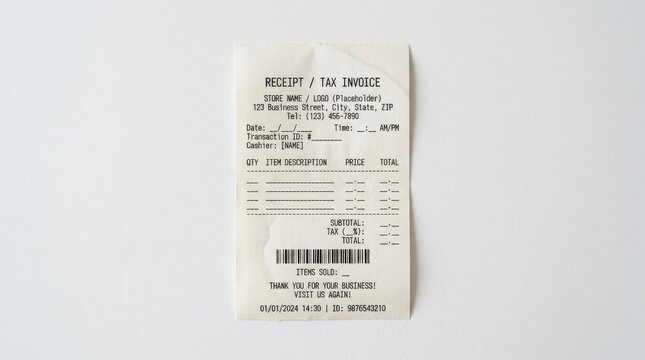 A paper receipt mockup displayed on a white background with blank surface and realistic texture, shot on Canon EOS R6, 100mm lens, f/4, 8K\