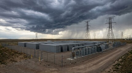 Fototapeta premium Electrical energy storage facilities photographed against a dramatic backdrop of high-voltage transmission towers and power lines crossing an open landscape, large-scale battery container units