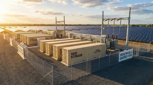 A grid-scale energy storage system positioned adjacent to a photovoltaic solar farm, large battery container units with power conversion hardware arranged in a fenced compound, solar panels visible in