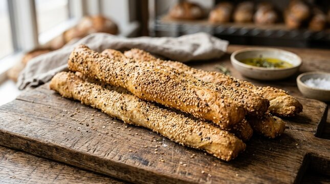 A close-up of sesame breadsticks with golden crust and soft lighting, rustic food composition, shot on Sony A7IV, 85mm lens, f/2.8, 8K\