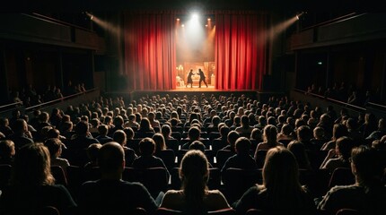Obraz premium A darkened theatre auditorium filled with rows of children and adult spectators watching a live dramatic performance with rapt attention, a single brilliant spotlight cutting through the darkness to