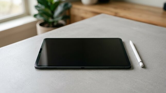 A tablet with stylus displayed on a clean background with blank screen, minimal tech composition, shot on Canon EOS R6, 70mm lens, f/2.8, 8K\