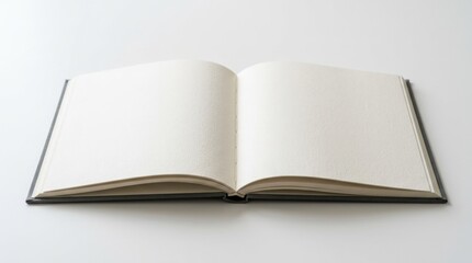 Fototapeta premium A horizontal open book mockup with blank pages on a white background, soft shadows and realistic paper texture, minimal composition for publishing design, shot on Sony A7IV, 85mm lens, f/3.2, 8K\