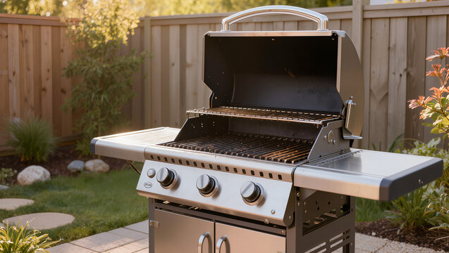 Un gros plan net d'un barbecue &agrave; gaz en acier inoxydable, capot ouvert, pr&ecirc;t pour la cuisson