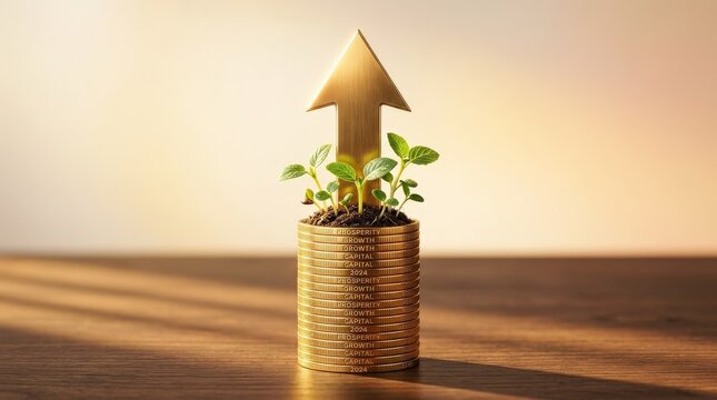 An evocative financial allegory featuring a polished brass upward-pointing arrow rising from a neat column of gold coins, miniature green seedlings sprouting from the topmost coins as though