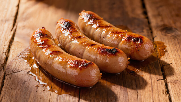 Trois saucisses parfaitement dor&eacute;es et juteuses, marqu&eacute;es par la grille de cuisson, pr&eacute;sent&eacute;es sur une planche en bois brut avec quelques gouttes de jus de cuisson.
