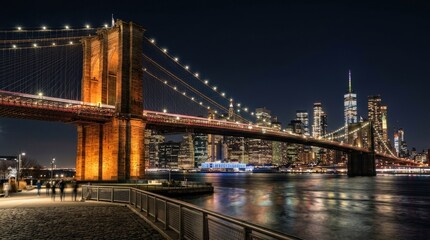 Fototapeta premium The Brooklyn Bridge spanning the East River at night, its iconic Gothic stone towers and suspension cables illuminated by warm amber floodlights reflecting in the dark water below, the Manhattan