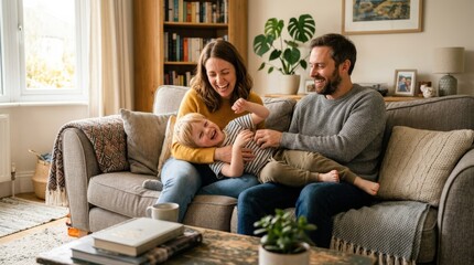 A joyful young family playing together on a sofa at home, a father, mother, and young child laughing and having fun in a bright and cozy living room, warm domestic interior light, the authentic