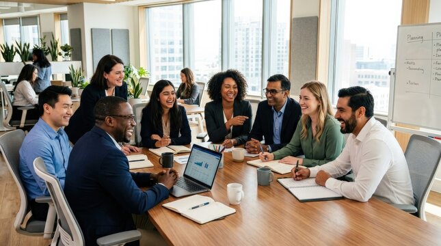 A cheerful group of business professionals in a modern office gathered around a meeting table, bright smiles and engaged postures reflecting a productive and happy team environment, a diverse mix of