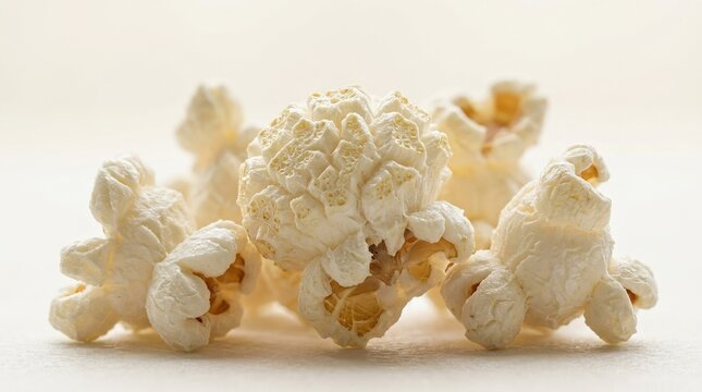 A macro texture of popcorn with airy shapes and soft lighting, clean background, shot on Canon EOS R6, 100mm macro lens, f/4, 8K\