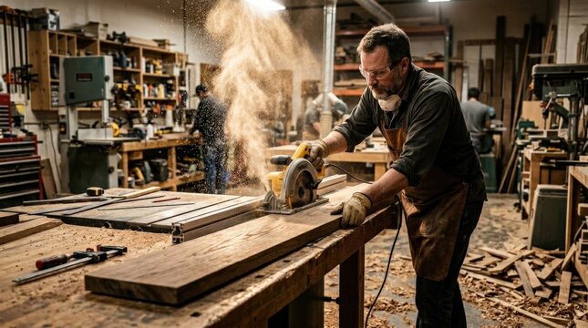 A skilled carpenter guiding a large plank of hardwood through a powerful corded circular saw on a sturdy workbench, the spinning blade generating a dramatic spray of fine sawdust caught in a beam of