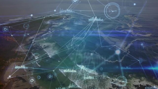 Vertical video: Aerial bay hosting HUD fading in, linking nodes and rising bars showing marine data