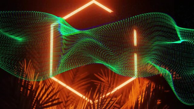 Green mesh appearing, orange hexagon pulsing, palms glowing as wave moving, neon balance forming