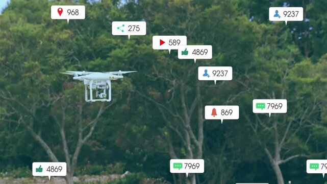 White drone hovering over lawn, alerts appearing and clustering around drone showing social metrics