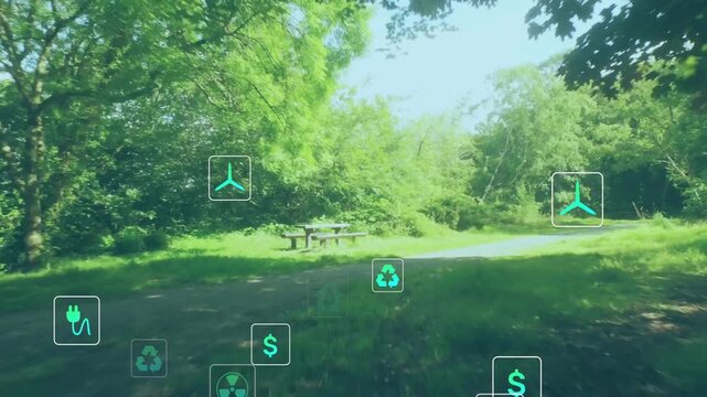 Forward-moving camera on gravel path, AR icons appearing, peaking, fading, showing sustainability