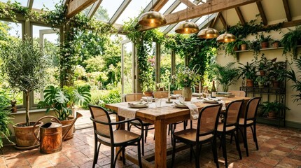 Fototapeta premium A sunlit orangery-style dining room with a hand-crafted solid-oak craft table surrounded by rattan-seat dining chairs, a large copper watering can as a sculptural accent on the floor, trailing vines
