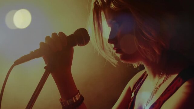 Singer gripping mic stand, lifting mic, starting music set, waveform pulsing around mic with flares