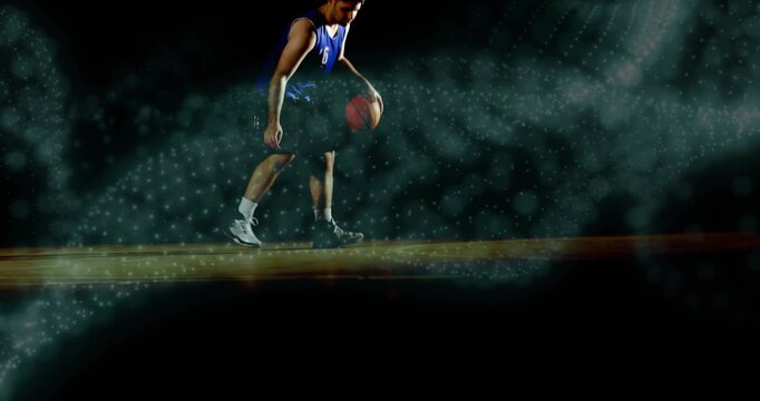 Player dribbling crossover upon camera reveal, training sports ball skills amid teal wave
