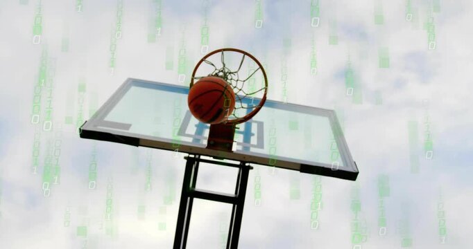 Shooter lifting ball at rim defenders blocking, green code overlaying frame during sports shot try