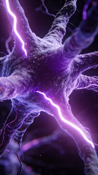 Pulsing neuron soma sending purple arcs along branches after left arc appears, relaying signal