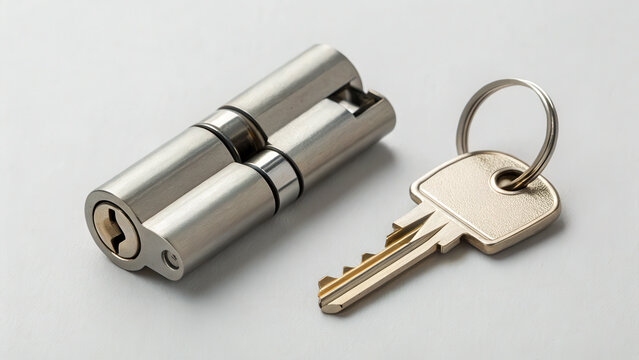 Silver metal door lock cylinder and two keys lying on a clean white background, domestic security concept, property protection.