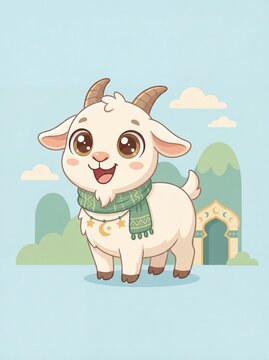 Luxury Golden Eid ul Adha Background with Islamic Patterns, cartoon goat, cute, eid ul adha, bakra eid, animal character, kids, smiling, funny, illustration, vector, mascot, friendly