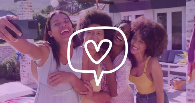 Left woman holding phone four women posing hugging heart overlay covering faces for social media