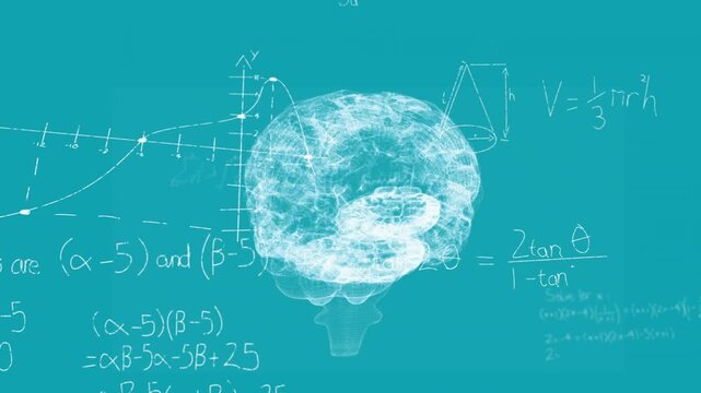 Particle cloud forming into wireframe brain on teal, graph markers layering around it for education