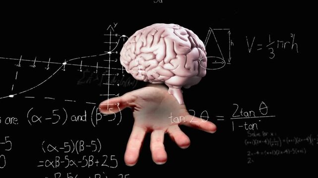 Open hand holding hovering brain while fading in, rotating, and drawing math formulas for education