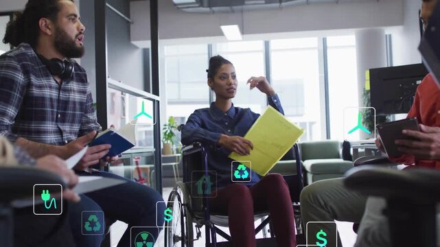 Wheelchair woman leading meeting holding yellow folder, tablet offer sparking icons for green goals