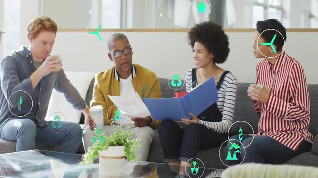 Team holding papers, woman opening blue folder leading biz review, green icons moving across frame