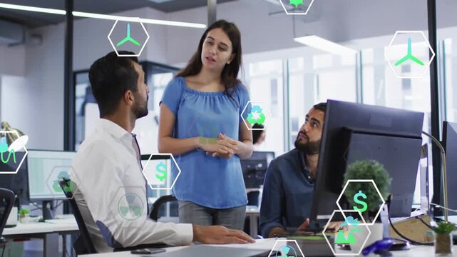 Woman approaching two seated men sharing energy plan, animated recycling and dollar icons over desk