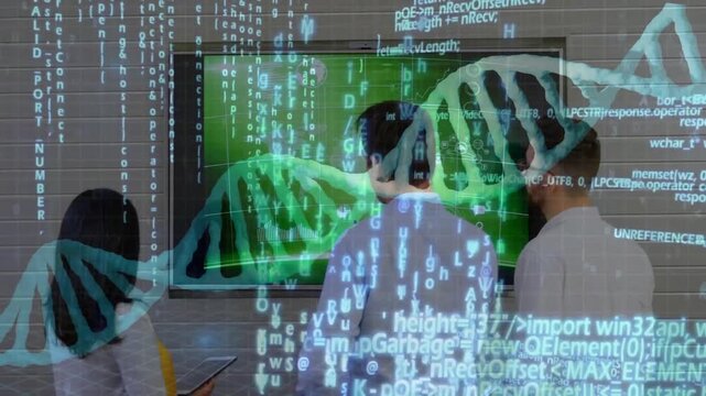 Center presenter tapping display, lab team analyzing genomic charts using tablet with DNA code