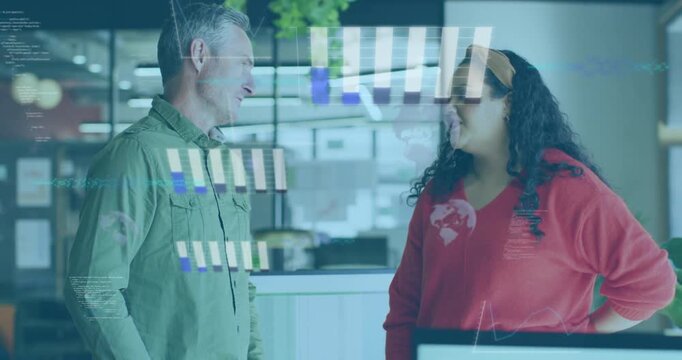 Two colleagues conversing in business office, conversation initiating animated chart, globe growing