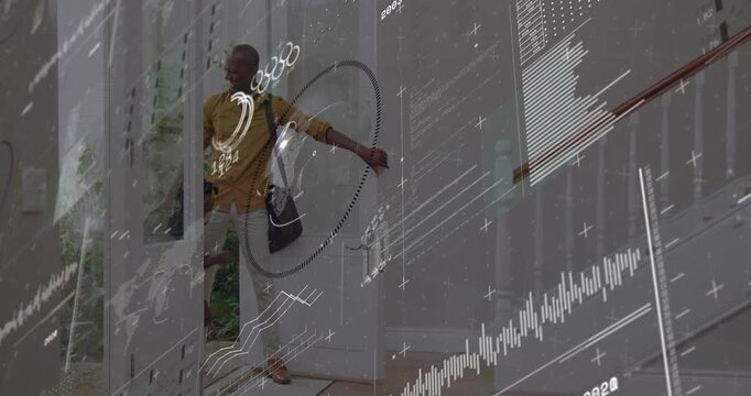 Man opening door and watching kids running out, HUD charts overlaying people, entryway for school