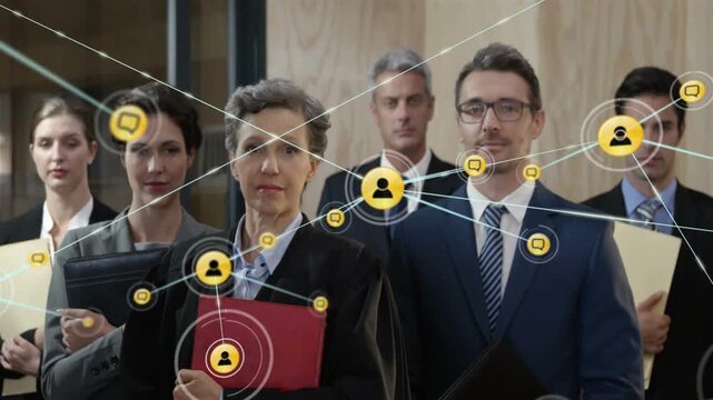 Appearing user icon forming network, six suit-clad lawyers holding red folder in hall showing links