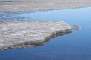 Large sheet of melting ice on water surface in early spring with clear reflection and open water around. Concept of thaw, climate change, seasonal transition and fragile ice. Photo © slexp880