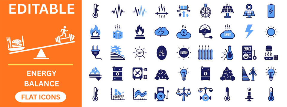 Energy balance and thermodynamics flat icons collection. Power, thermal energy, solar panel, wind turbine, battery, electricity, entropy, fire, engine