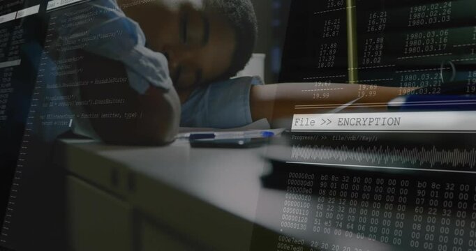 User resting on desk encryption starting and projecting code overlaying desk and face securing data