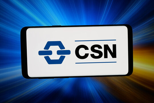 Stuttgart, Germany - 03-20-2026: In this photo illustration, the logo of company Companhia Siderurgica Nacional (CSN) is displayed on a smartphone in front of abstract background on computer screen.